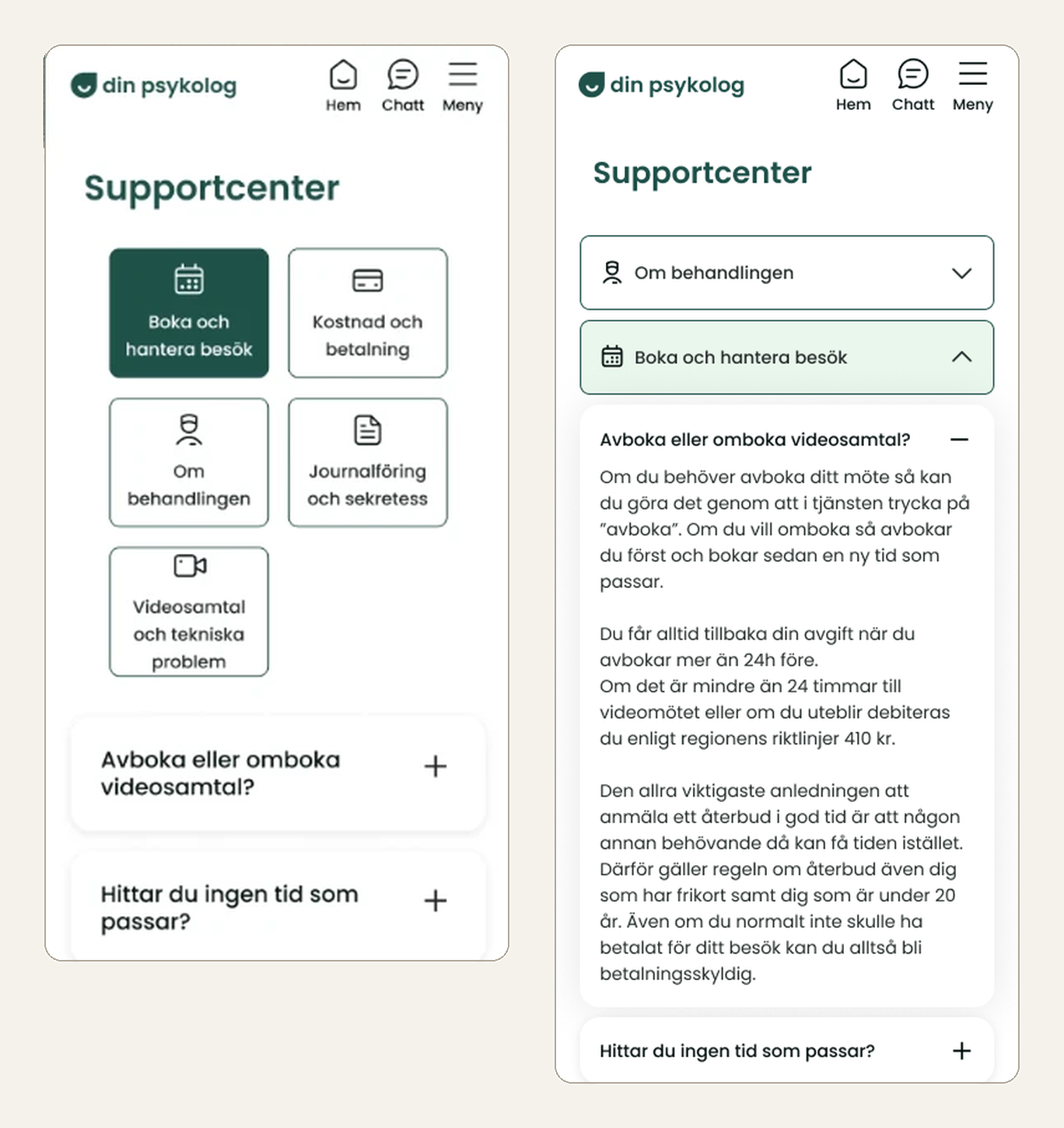 Two versions of the Support Center side by side. The alternative shows the five categories as a grid of larger cards with an icon above the label and the selected one filled dark green with white text; the version that shipped shows them as a stack of full-width rows with the selected one in pale green and its questions expanded underneath